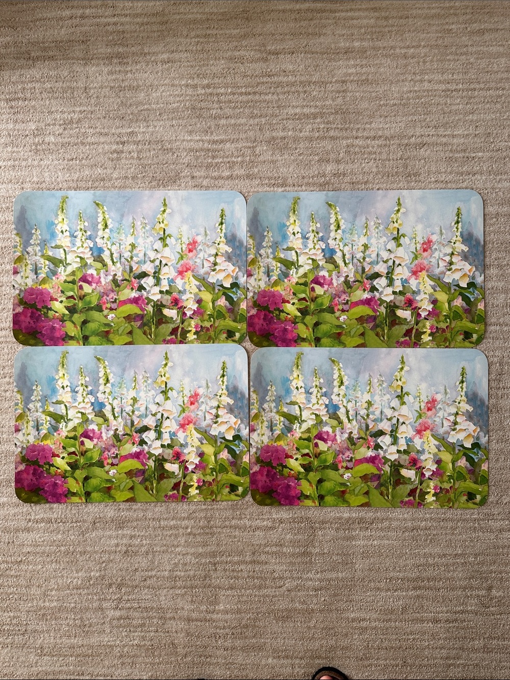 Set of 4 Judy Boswell Placemat Sue’s Garden Cottage Foxgloves Placemat 18” x 12”